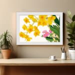 Infidu Vintage Floral Wall Art with yellow and pink flowers, green leaves, and a white frame on a white background. displayed on the wall