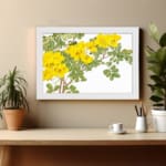 Infidu Vintage Floral Wall Art with yellow flowers, green leaves, and a white frame on a white background, adding a classic botanical touch. displayed on the wall.