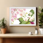 Infidu vintage orchid wall art with pink and white orchids and green leaves, framed in white for an elegant, timeless look. displayed on the wall