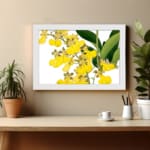 Vintage floral wall art with yellow flowers and green leaves in a white frame. displayed on the wall