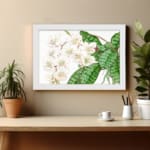 Vintage floral wall art with soft white flowers and green leaves on a white background, framed in white for a classic and elegant touch. displayed on the wall