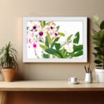 Vintage floral wall art with white and pink orchids, green leaves, and a white frame for an elegant and classic look. displayed on the wall