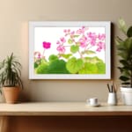 Infidu Vintage Floral Wall Art with pink flowers and green leaves on a white background, framed in white for a classic and elegant look. displayed on the wall.