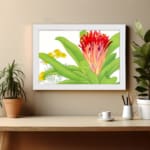 Infidu Vintage Botanical Wall Art with red, orange, and yellow flowers, green leaves, and a white frame on a white background. displayed on the wall