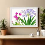 Infidu Vintage Floral Wall Art with soft purple and bright pink flowers, green leaves, a white background, and a white frame for a stylish touch. displayed on the wall