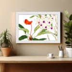 Infidu Vintage Floral Wall Art with white flowers, purple centers, and an orange flower, set against a white background with green leaves. displayed on the wall in a white frame