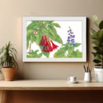 Infidu Vintage Botanical Wall Art with red and blue flowers, green leaves, and a white frame on a white background. Classic floral vintage art. displayed on the wall