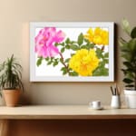 Infidu Vintage Botanical Wall Art with pink and yellow flowers, green leaves, and a white frame on a white background. displayed on the wall