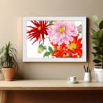 Vintage floral wall art with red, pink, and orange flowers, green leaves, and a white frame on a white background. displayed on the wall