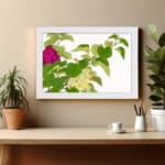 Infidu Vintage Floral Wall Art with pink and yellow flowers, green leaves, and a white background, framed in white for a stylish look. displayed on the wall