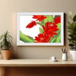 Vintage floral wall art with bold red flowers and green leaves on a white background, framed in white for a classic and stylish touch. displayed on the wall