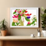 Infidu Vintage Floral Wall Art with pink, red, and purple flowers, green leaves, and a white frame on a white background. displayed on the wall