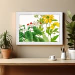 Infidu Vintage Floral Wall Art with yellow, red, and white flowers, green leaves, and a white frame on a white background. displayed on the wall