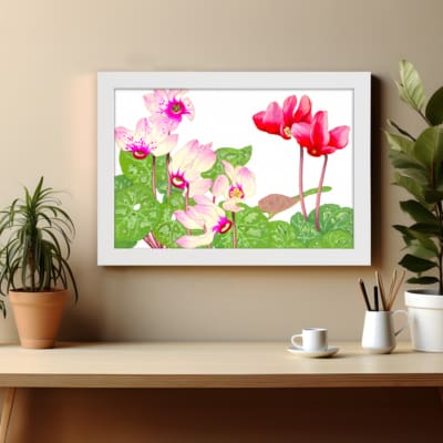 Infidu Vintage Floral Wall Art with pink and red flowers, green leaves, and a white background in a classic vintage design. displayed on the wall in a white frame