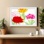 Infidu Vintage Floral Wall Art with red, pink, yellow, and white flowers, green leaves, and a white frame on a white background. displayed on the wall