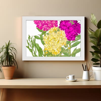Infidu Vintage Floral Wall Art with bright pink and yellow flowers, green leaves, and a white background in a classic vintage style. displayed on the wall in a white frame