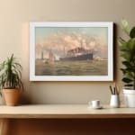 Vintage maritime wall art featuring a large ship, lighthouse, and sailboats on the ocean with a classic nautical theme and elegant white frame. displayed on the wall