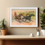 Vintage horse racing wall art with jockeys riding on a dirt track, surrounded by a countryside landscape with a farmhouse, framed in white. displayed on the wall