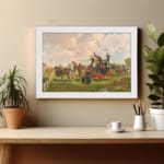 Vintage wall art with a horse-drawn carriage, people, green fields, and a soft blue sky. A historical countryside scene framed in white. displayed on the wall