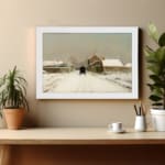 Vintage winter wall art with a snowy village, stone houses, and a black horse-drawn carriage on a snow-covered road, framed in white. displayed on the wall