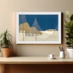 Vintage abstract wall art with a minimalist landscape design, featuring deep blue, beige, and brown tones in geometric shapes with a white frame. displayed on the wall