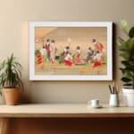 Vintage Japanese wall art with elegantly dressed kimono women in red, white, and beige tones, set in a calm scene with a soft beige background. displayed on the wall