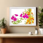 Infidu Vintage Floral Wall Art with bright pink and yellow-orange flowers, green leaves, and a white frame on a white background. displayed on the wall