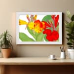 Vintage floral wall art with bright yellow and red flowers, green leaves, and a white background in a classic design. displayed on the wall