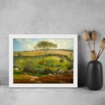 Vintage wall art showing a detailed gathering of people in a classic studio with warm colors, art pieces, and traditional decor. displayed on the wall in a white frame