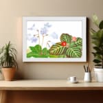 Infidu Vintage Floral Wall Art with light purple flowers, a small red flower, and dark green leaves on a white background. displayed on the wall