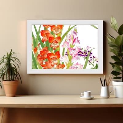 Vintage floral wall art with bright orange and soft pink flowers, green leaves, and a white frame on a white background. displayed on the wall