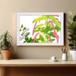 Vintage floral wall art with green leaves and hanging pink flowers on a white background, framed in white for a classic and elegant look. displayed on the wall