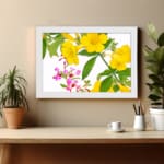 Infidu Vintage Floral Wall Art with yellow and pink flowers, green leaves, and a white frame on a white background. displayed on the wall