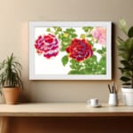 Infidu Vintage Floral Wall Art with red, purple, and pink flowers, green leaves, and a white frame on a white background. displayed on the wall