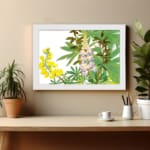 Vintage botanical wall art featuring yellow and purple flowers with green leaves on a white background, framed in white for a classic touch. displayed on the wall