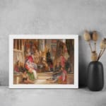 Vintage wall art of a classic indoor gathering with richly dressed people in a studio or royal court setting. displayed on the wall in a white frame