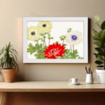 Vintage floral wall art with cream and red flowers, green leaves, and a white background in a classic design. displayed on the wall in a white frame