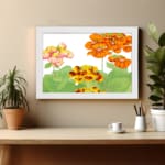 Infidu vintage wall art with orange, yellow, and pink flowers, and green leaves on a white background, framed in white for a timeless and elegant look. displayed on the wall