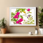 Infidu vintage wall art with bright pink, purple, and white flowers, green leaves, and a black frame on a white background for a classic look. displayed on the wall art in a white frame