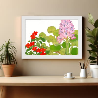 Infidu vintage wall art with soft pink and bright red flowers surrounded by lush green leaves on a white background, creating an elegant look. displayed on the wall art in a white frame