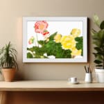 Infidu vintage wall art with detailed floral vintage art design, featuring pink, red, and yellow flowers with green leaves on a white background. displayed on the wall art in a white frame