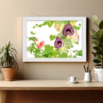 Infidu Vintage Floral Wall Art with deep purple and soft pink flowers, green leaves, and a white frame on a white background. displayed on the wall
