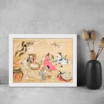 Traditional Asian garden scene with people in colorful robes sitting among trees and flowers on a beige background. displayed on the wall in a white frame