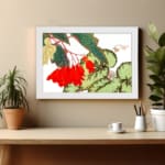 Infidu vintage wall art with bright red flowers, large green leaves, and a white frame on a white background for a classic and elegant look. displayed on the wall