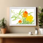 Infidu vintage wall art with orange and yellow flowers, green leaves, and a black frame on a white background for a timeless and elegant look. displayed on the wall art in a white frame