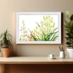 Infidu vintage wall art with green, pink, white, and orange flowers, lush leaves, and a black frame on a white background for a timeless look. displayed on the wall art in a white frame