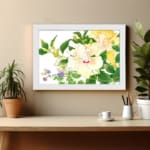 Infidu vintage wall art with soft yellow, white, and purple flowers, green leaves, and a white frame on a white background for a timeless botanical look. displayed on the wall