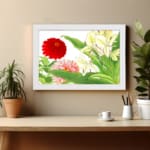Infidu vintage wall art with red, pink, and yellow flowers, green leaves, and a black frame on a white background for a timeless botanical look. displayed on the wall art in a white frame