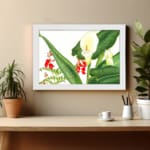 Infidu vintage wall art with white calla lilies, red flowers, and green leaves on a white background, framed in white for a classic and stylish look. displayed on the wall
