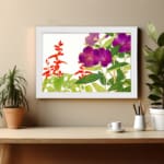 Infidu vintage wall art with deep purple and bright red flowers, green leaves, and a white background, framed in white for a classic and elegant look. displayed on the wall